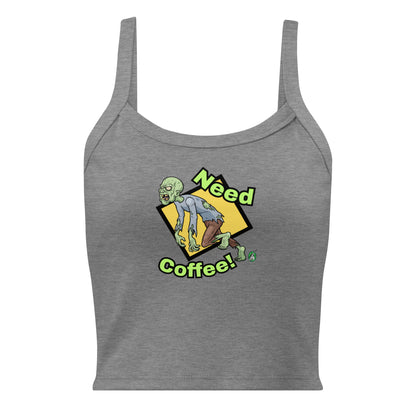 Women's grey tank top by Wizard Prints with the printed graphic of a zombie with the words, Need Coffee!