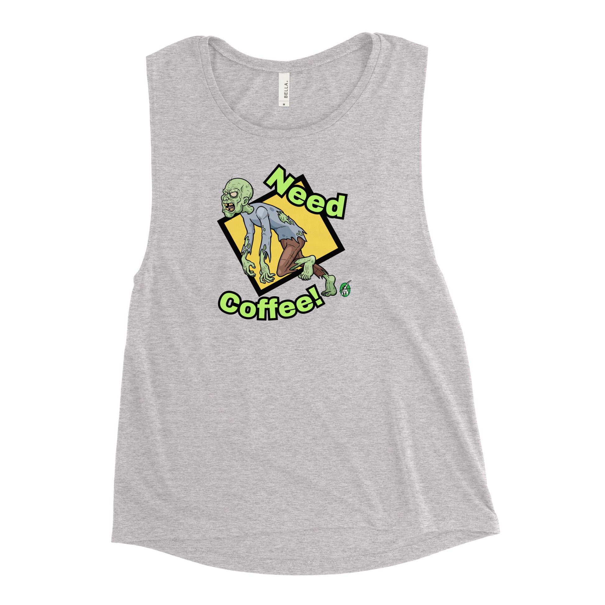 Women's grey tank top by Wizard Prints with a printed graphic of a zombie and the words, Need Coffee!