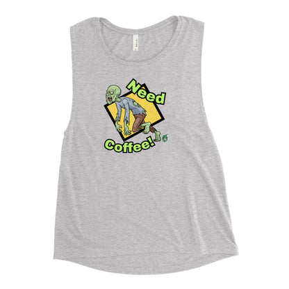 Women's grey tank top by Wizard Prints with a printed graphic of a zombie and the words, Need Coffee!