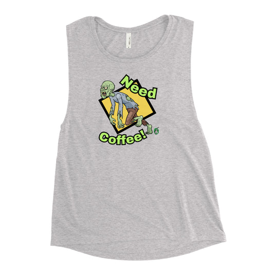 Women's grey tank top by Wizard Prints with a printed graphic of a zombie and the words, Need Coffee!