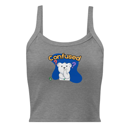 Women's grey tank top by Wizard Prints with the printed graphic of a puzzled teddy bear and the word, Confused. 