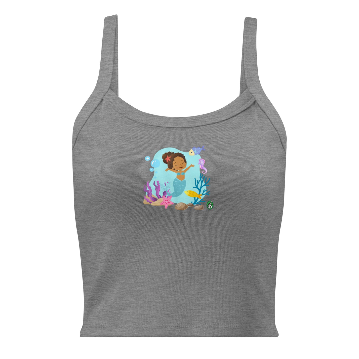 Women's grey tank top by Wizard Prints with the printed graphic of a curly mermaid surrounded by sea creatures and water. 