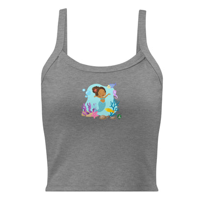 Women's grey tank top by Wizard Prints with the printed graphic of a curly mermaid surrounded by sea creatures and water. 