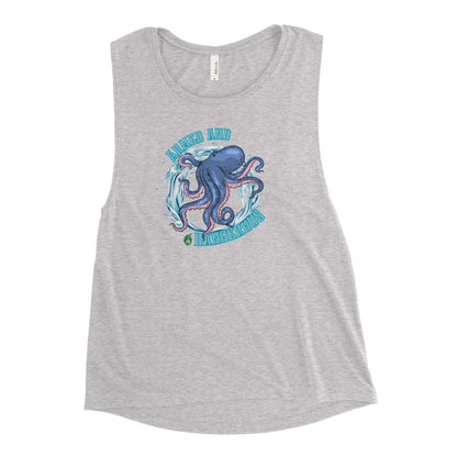 Women's grey tank top by Wizard Prints with a printed graphic of a blue octopus and the words, Armed and dangerous.