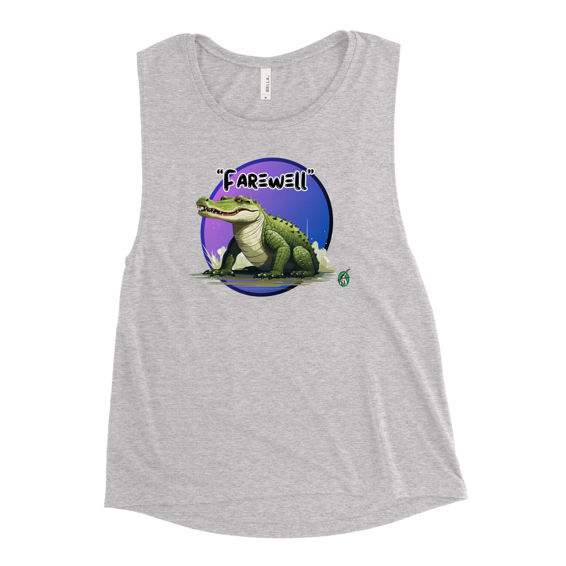 Women's grey tank top by Wizard Prints with a printed graphic of a crocodile and the word, Farewell. 