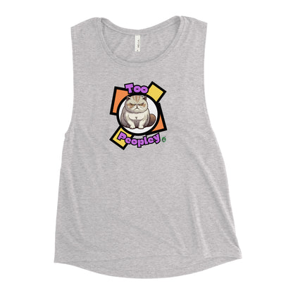 Women's grey tank top by Wizard Prints with a printed graphic of a grumpy cat with the words, 'Too Peopley'