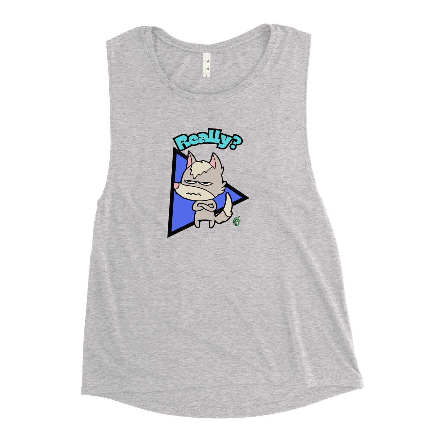 Women's grey tank top by Wizard Prints with a printed graphic of a grumpy fox with the word, 'Really?'