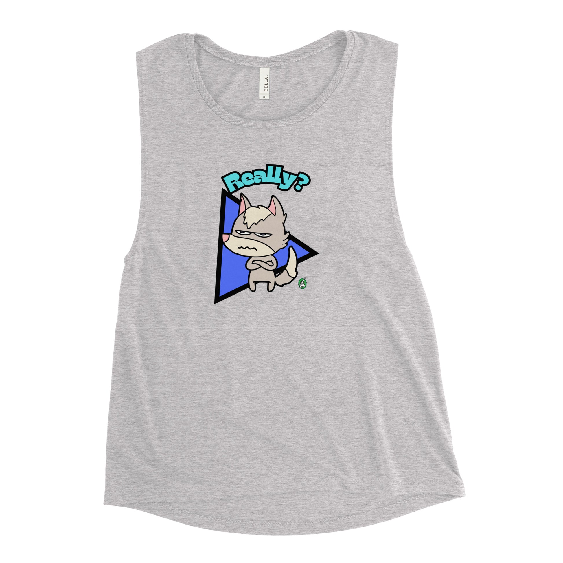 Women's grey tank top by Wizard Prints with a printed graphic of a grumpy fox with the word, 'Really?'