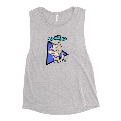 Women's grey tank top by Wizard Prints with a printed graphic of a grumpy fox with the word, 'Really?'