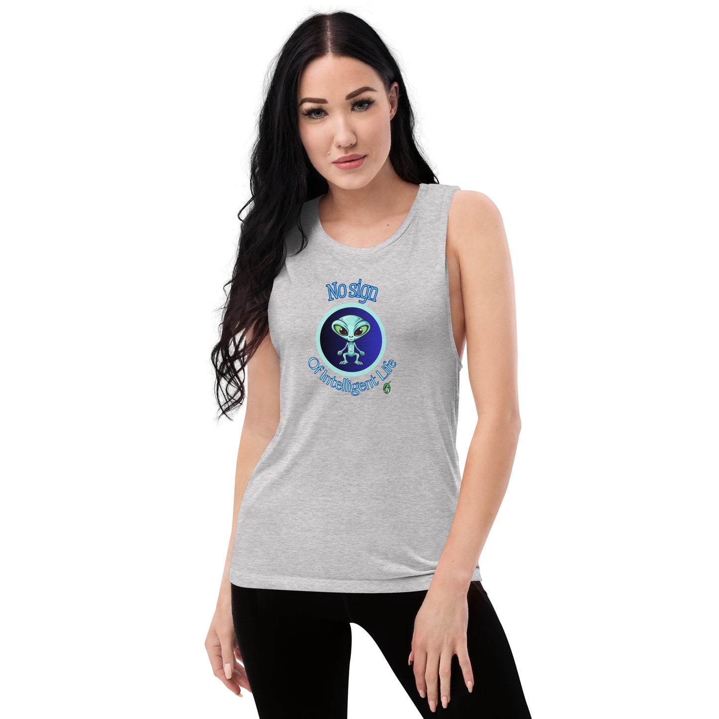 A woman standing wearing a grey tank top by Wizard Prints with a printed graphic of a blue alien and the words, No Sign of Intelligent Life.