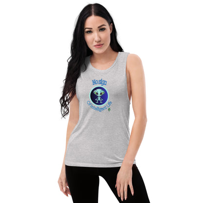 A woman standing wearing a grey tank top by Wizard Prints with a printed graphic of a blue alien and the words, No Sign of Intelligent Life.