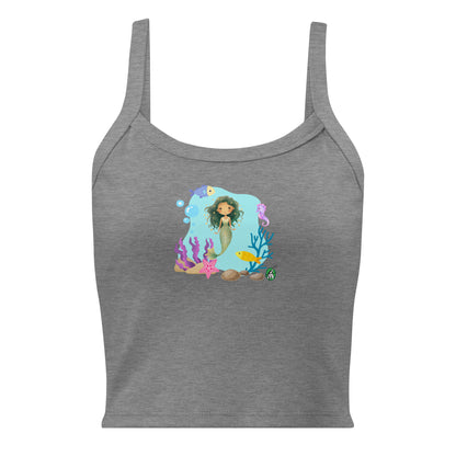Women's grey tank top by Wizard Prints with the printed graphic of a mermaid surrounded by sea creatures and water. 