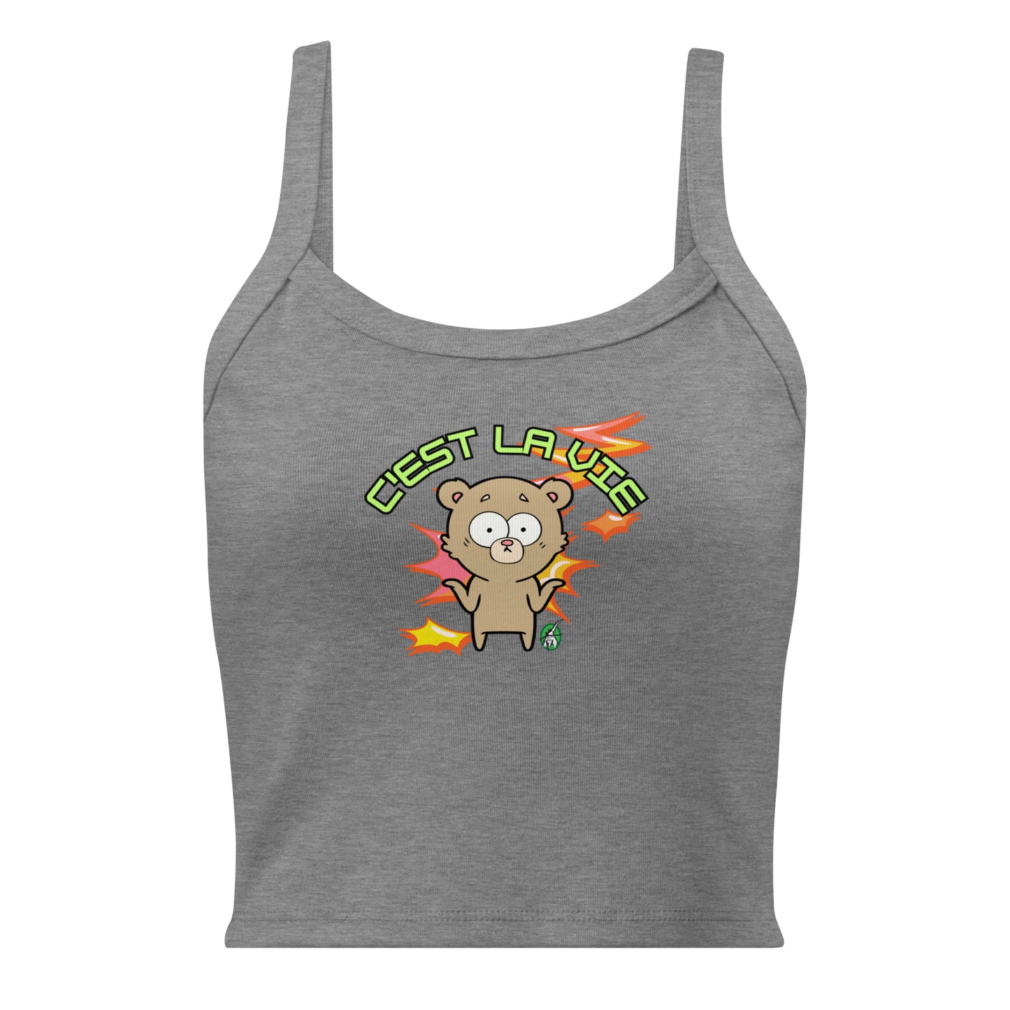 Women's grey tank top by Wizard Prints with the printed graphic of a shrugging bear and the statement, C'est La Vie.