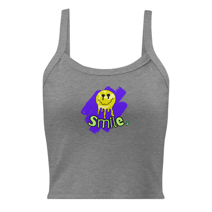 Women's grey tank top by Wizard Prints with the printed graphic of a melting smiley face and the word, Smile.