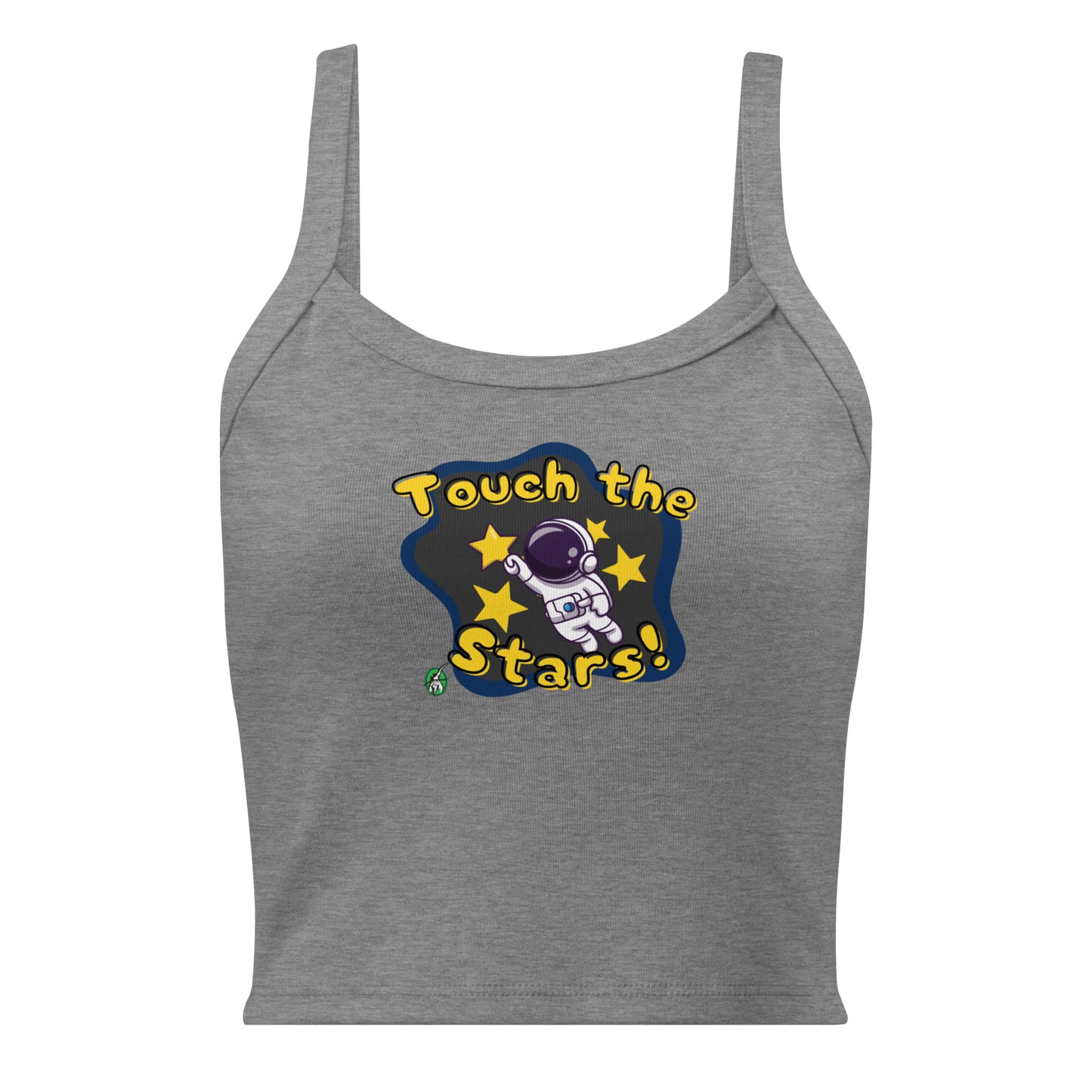 Women's grey tank top by Wizard Prints with the printed graphic of a cartoon astronaut and the words, 'Touch the Stars'. 