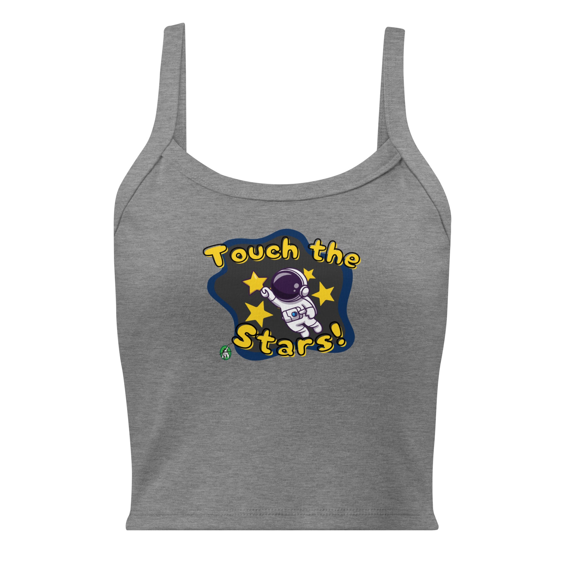 Women's grey tank top by Wizard Prints with the printed graphic of a cartoon astronaut and the words, 'Touch the Stars'. 