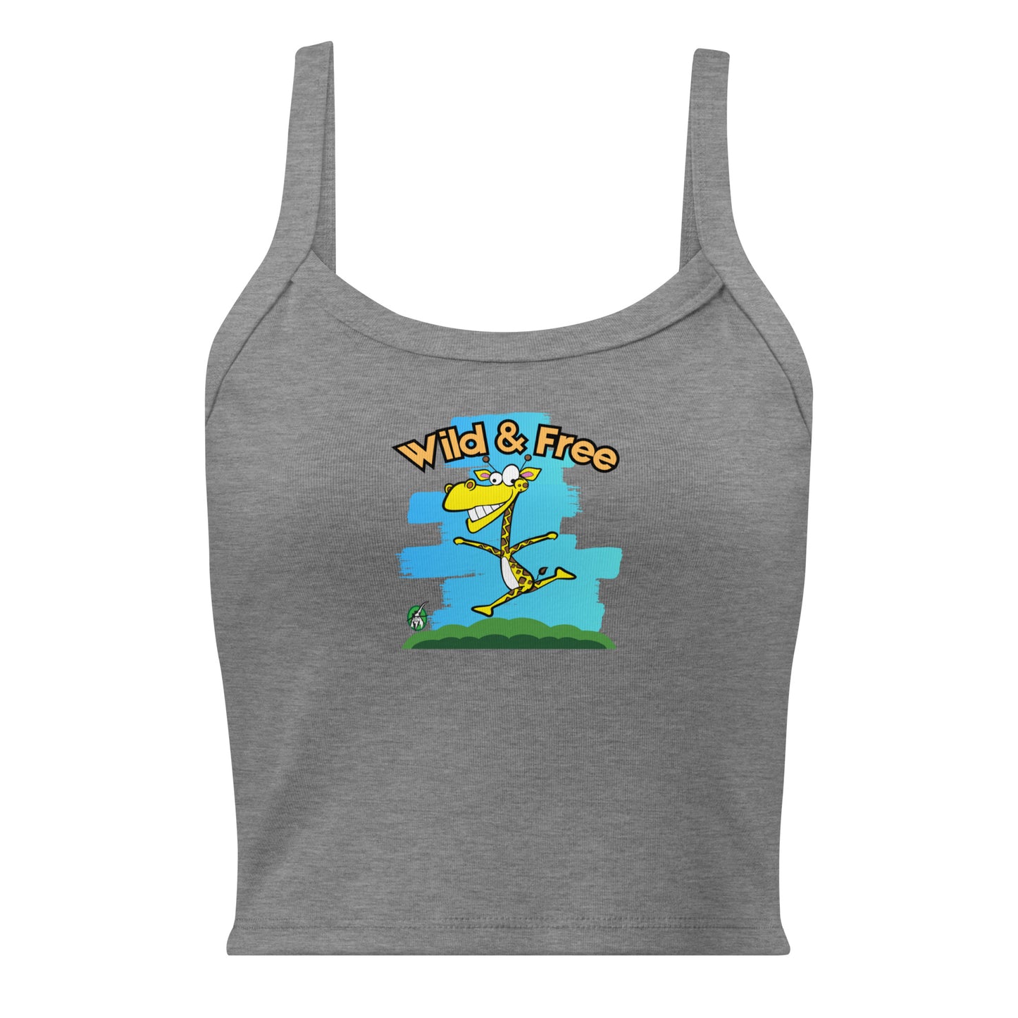 Women's grey tank top by Wizard Prints with the printed graphic of a happy running giraffe with the words, Wild & Free.