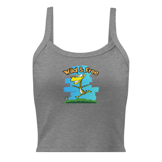 Women's grey tank top by Wizard Prints with the printed graphic of a happy running giraffe with the words, Wild & Free.