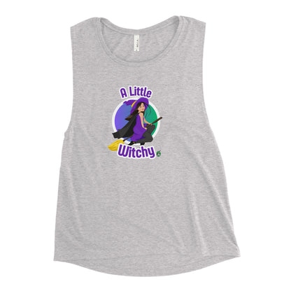 Women's grey tank top by Wizard Prints with a printed graphic of a witch riding a flying broom, with the text, A Little Witchy.