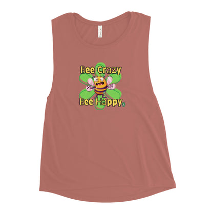 Women's mauve tank top by Wizard Prints with a printed graphic of a crazy bee and the words, Bee Crazy Bee Happy.