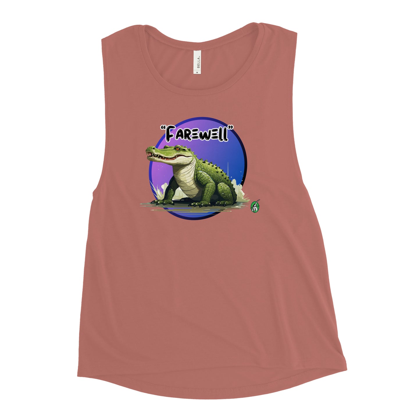 Women's mauve tank top by Wizard Prints with a printed graphic of a crocodile and the word, Farewell. 