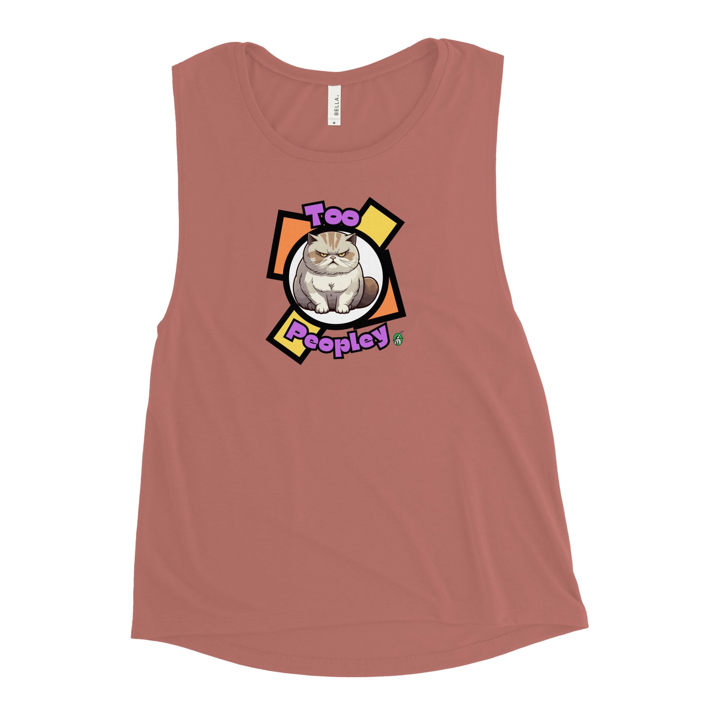 Women's mauve tank top by Wizard Prints with a printed graphic of a grumpy cat with the words, 'Too Peopley'
