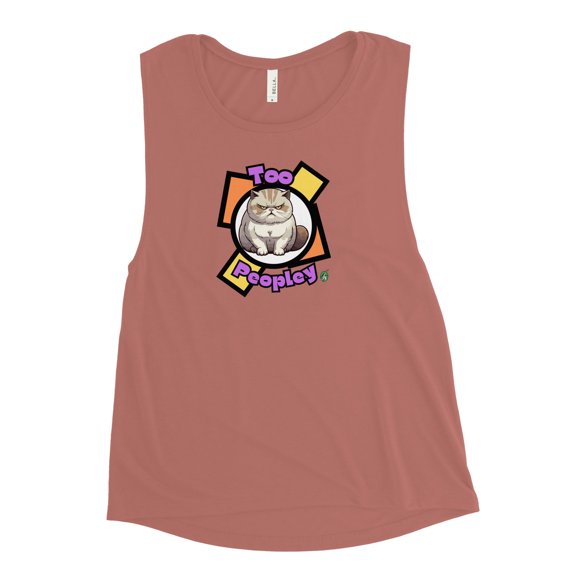 Women's mauve tank top by Wizard Prints with a printed graphic of a grumpy cat with the words, 'Too Peopley'