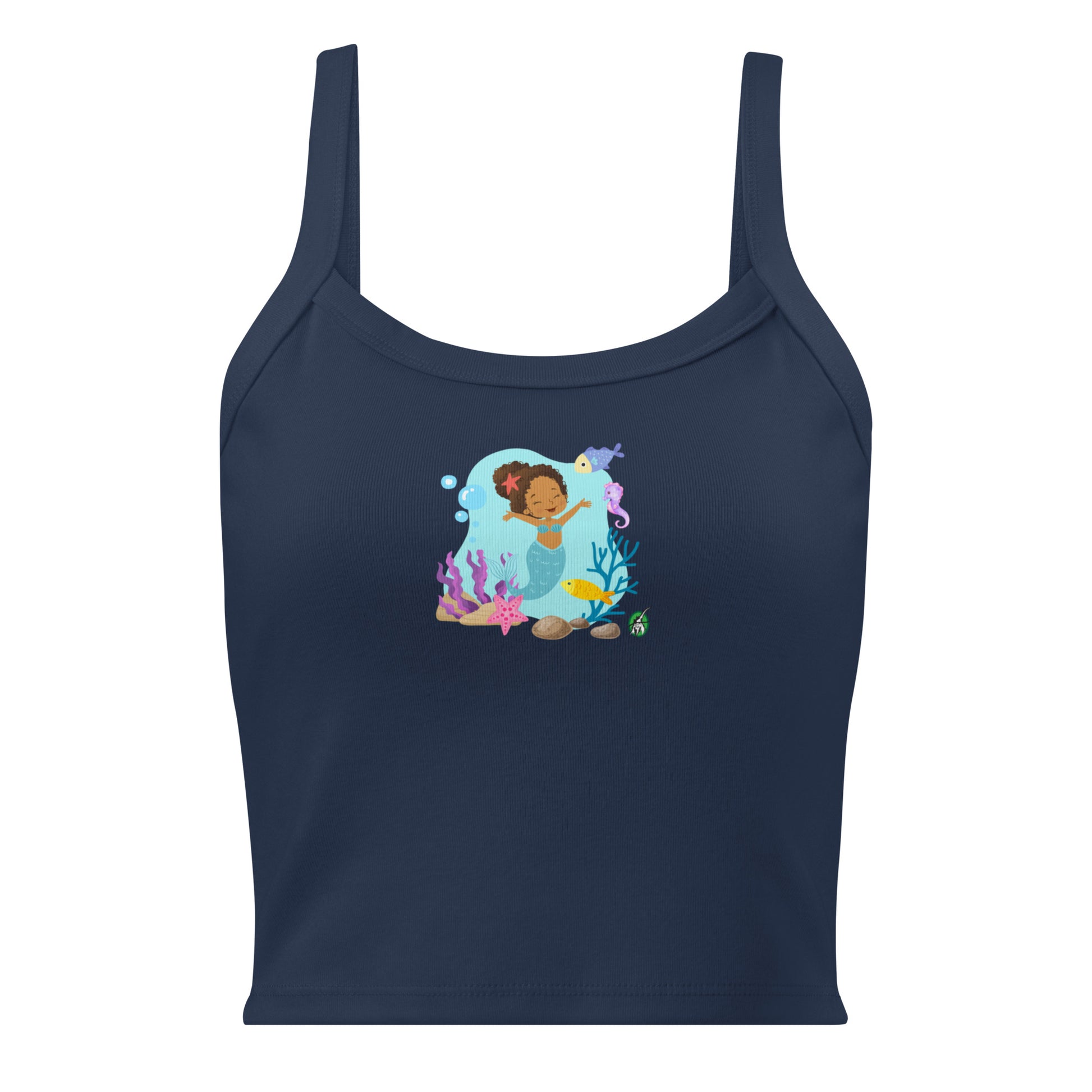 Women's navy tank top by Wizard Prints with the printed graphic of a curly mermaid surrounded by sea creatures and water. 