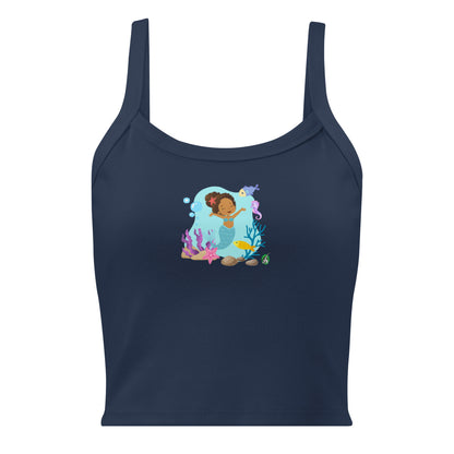 Women's navy tank top by Wizard Prints with the printed graphic of a curly mermaid surrounded by sea creatures and water. 
