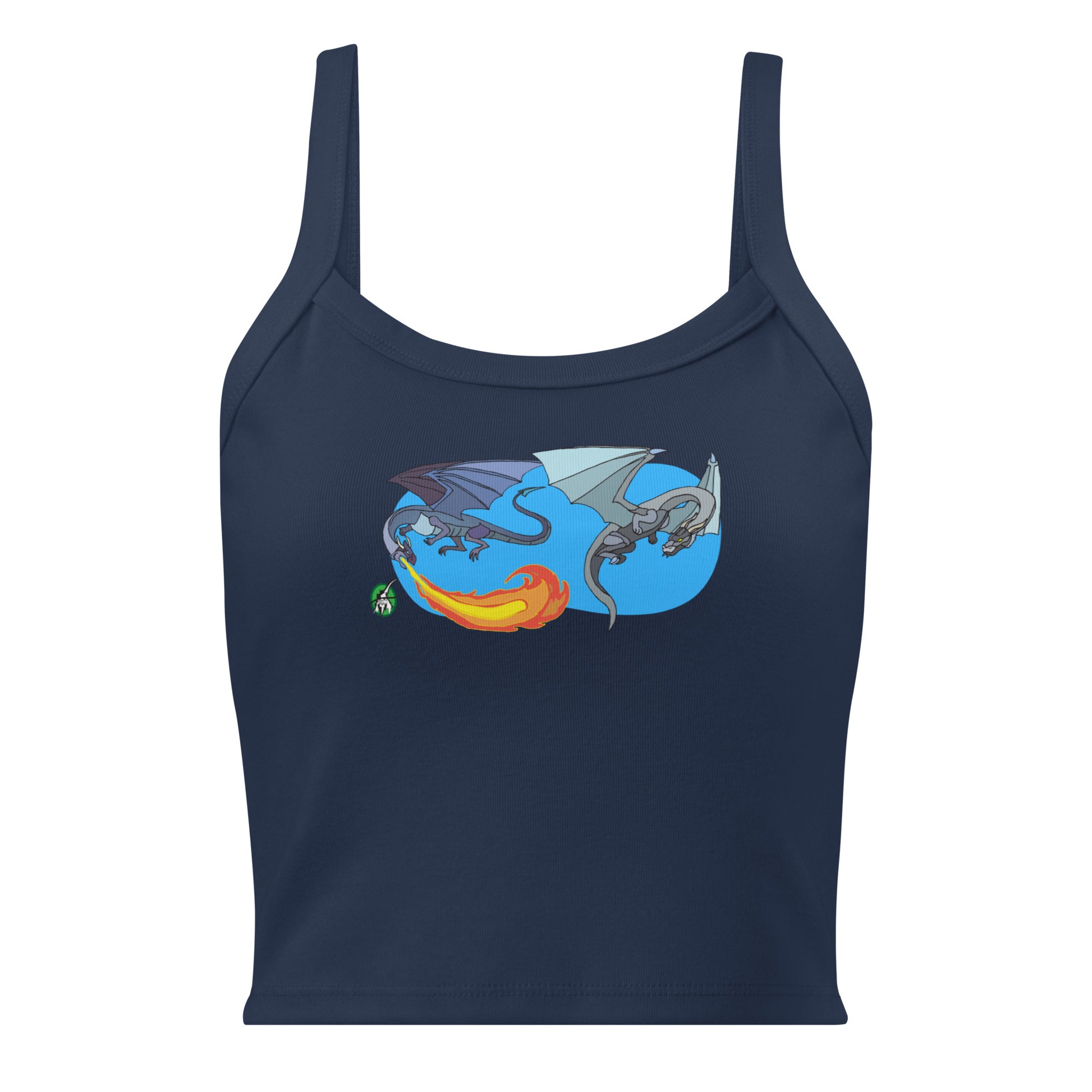 Women's navy tank top by Wizard Prints with the printed graphic of two flying fiery dragons