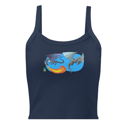 Women's navy tank top by Wizard Prints with the printed graphic of two flying fiery dragons
