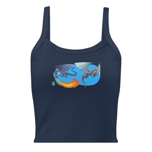 Women's navy tank top by Wizard Prints with the printed graphic of two flying fiery dragons