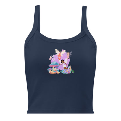 Women's navy tank top by Wizard Prints with the printed graphic of fairies flying over mushrooms.