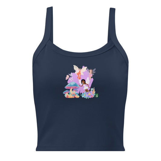 Women's navy tank top by Wizard Prints with the printed graphic of fairies flying over mushrooms.
