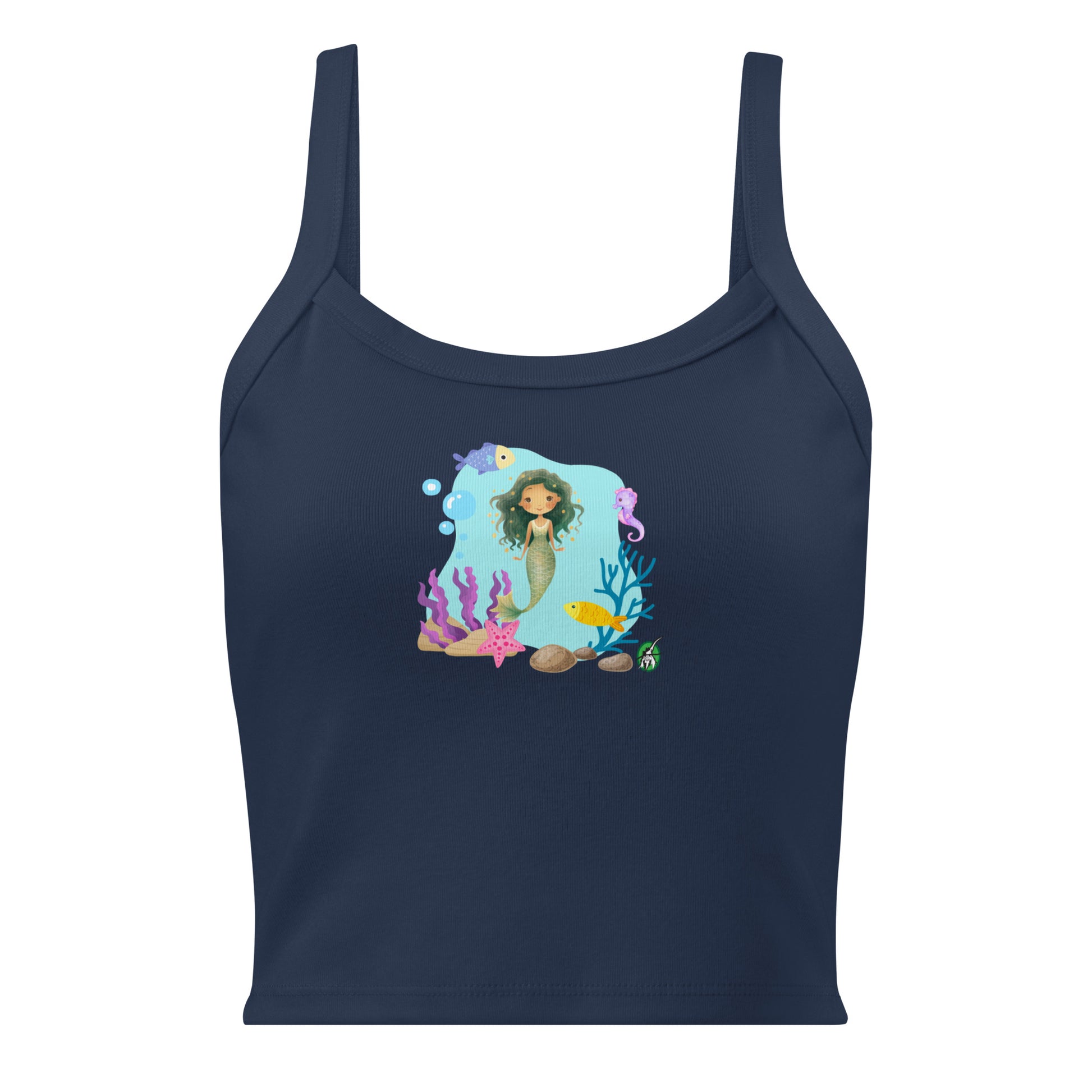Women's navy tank top by Wizard Prints with the printed graphic of a mermaid surrounded by sea creatures and water. 