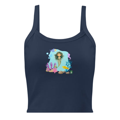 Women's navy tank top by Wizard Prints with the printed graphic of a mermaid surrounded by sea creatures and water. 
