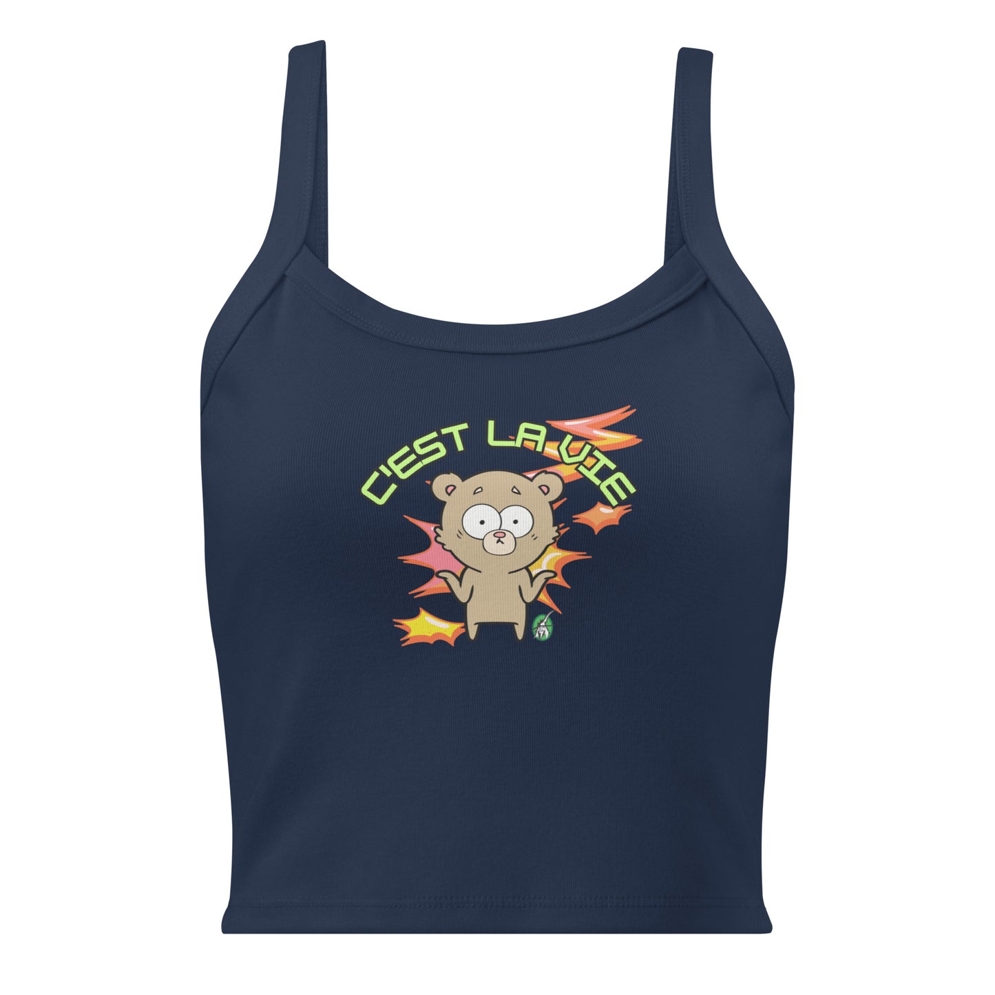 Women's navy tank top by Wizard Prints with the printed graphic of a shrugging bear and the statement, C'est La Vie.