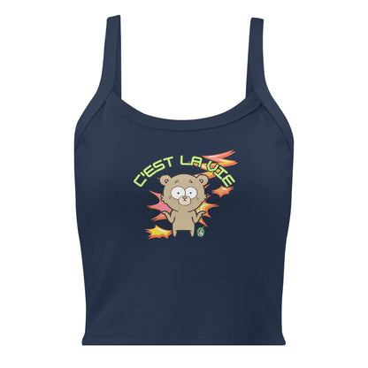 Women's navy tank top by Wizard Prints with the printed graphic of a shrugging bear and the statement, C'est La Vie.