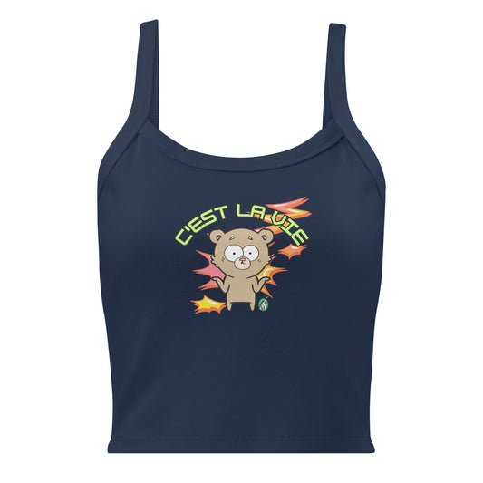 Women's navy tank top by Wizard Prints with the printed graphic of a shrugging bear and the statement, C'est La Vie.