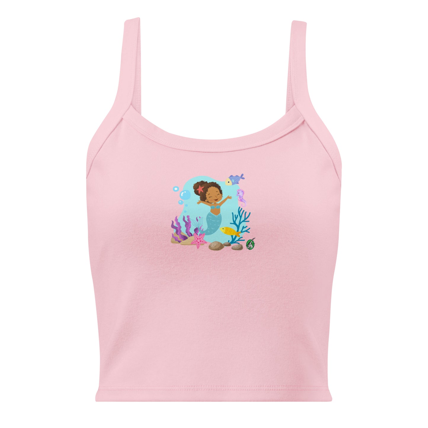 Women's pink tank top by Wizard Prints with the printed graphic of a curly mermaid surrounded by sea creatures and water. 