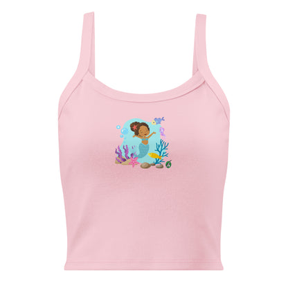 Women's pink tank top by Wizard Prints with the printed graphic of a curly mermaid surrounded by sea creatures and water. 