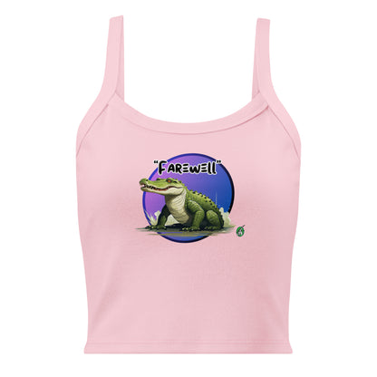 women's pink tank top by Wizard Prints with a printed graphic of a crocodile and the word, Farewell. 