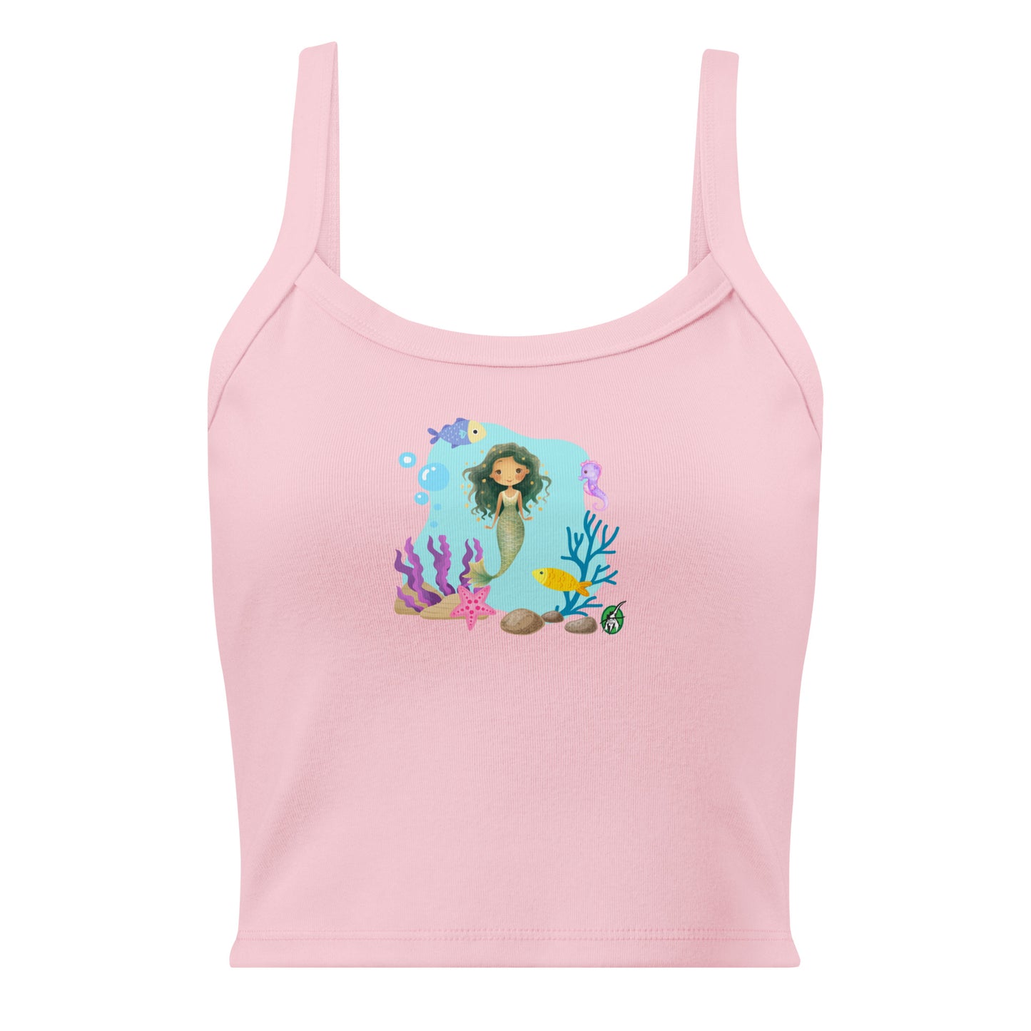 Women's pink tank top by Wizard Prints with the printed graphic of a mermaid surrounded by sea creatures and water. 