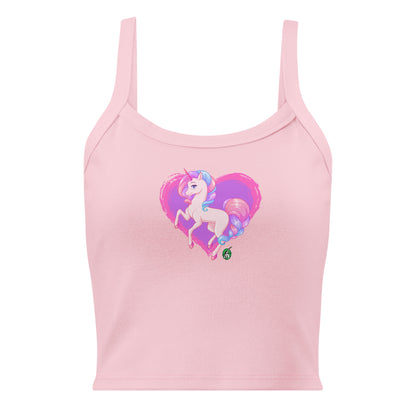 Women's pink tank top by Wizard Prints with the printed graphic of a pink unicorn on a purple heart background.