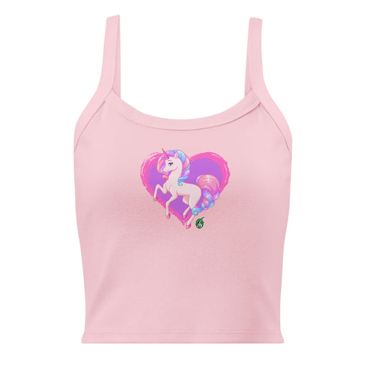 Women's pink tank top by Wizard Prints with the printed graphic of a pink unicorn on a purple heart background.