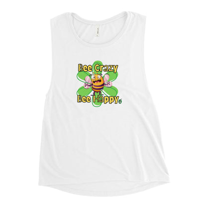 Women's white tank top by Wizard Prints with a printed graphic of a crazy bee and the words, Bee Crazy Bee Happy.