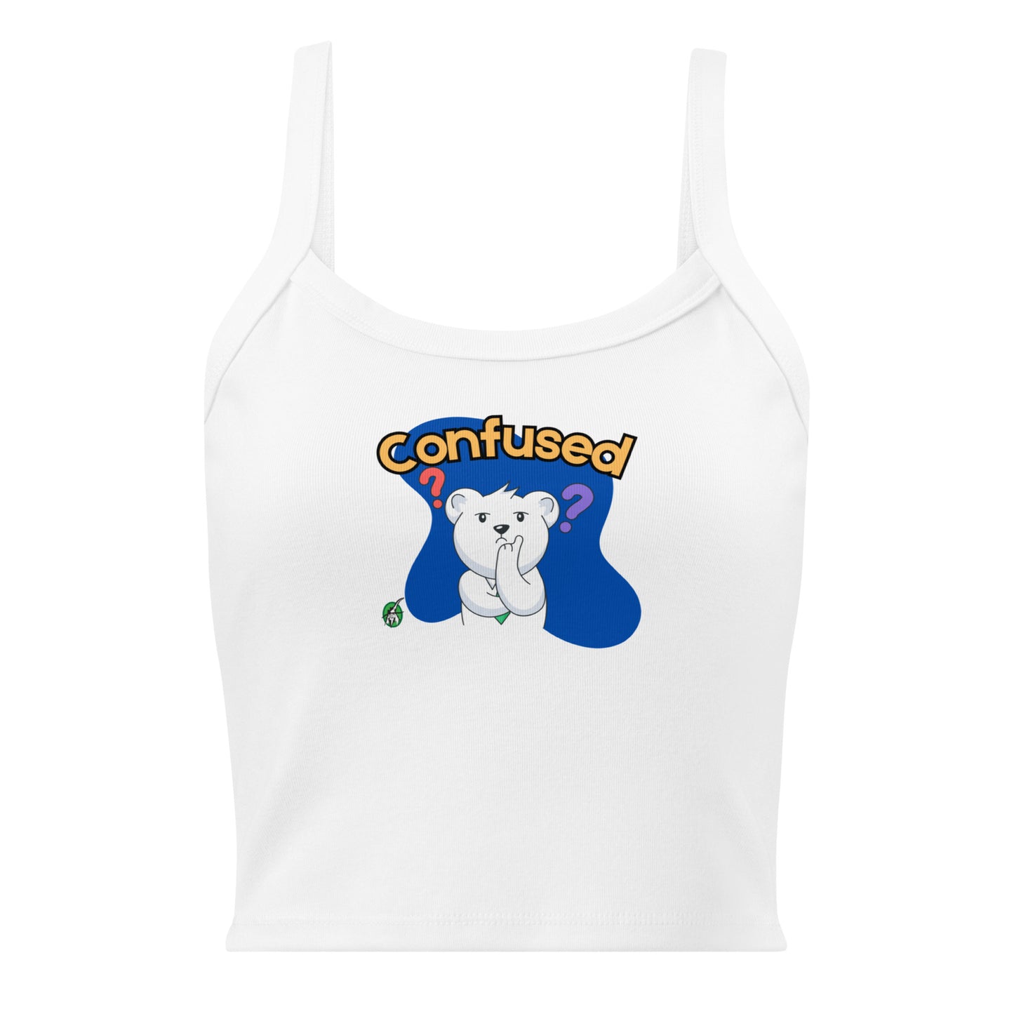 Women's white tank top by Wizard Prints with the printed graphic of a puzzled teddy bear and the word, Confused. 