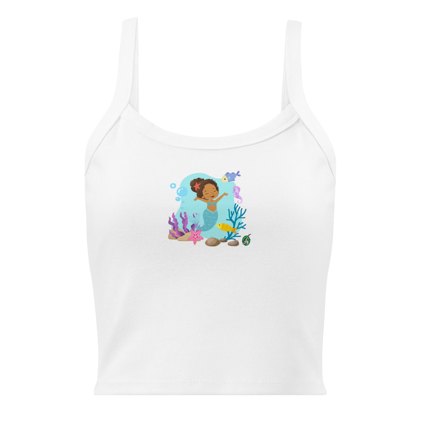Women's white tank top by Wizard Prints with the printed graphic of a curly mermaid surrounded by sea creatures and water. 