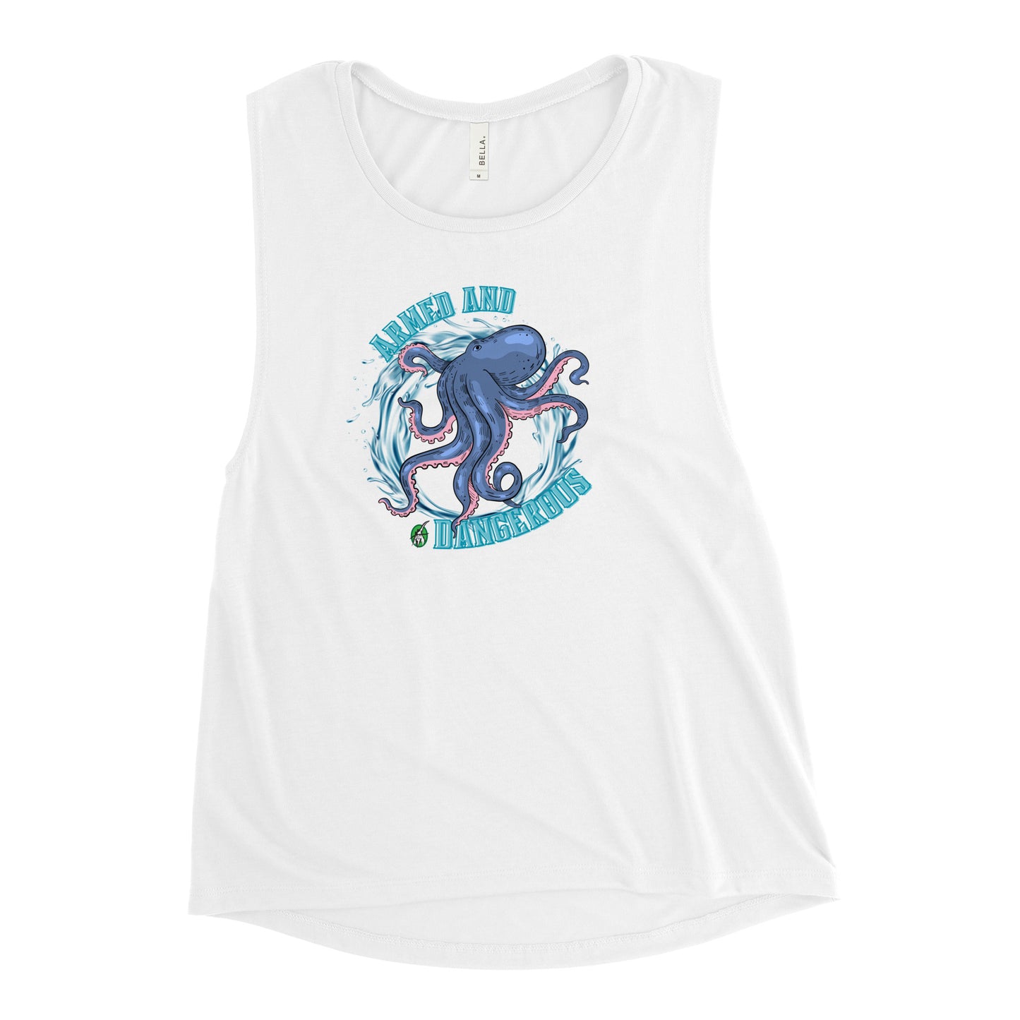 Women's white tank top by Wizard Prints with a printed graphic of a blue octopus and the words, Armed and dangerous.