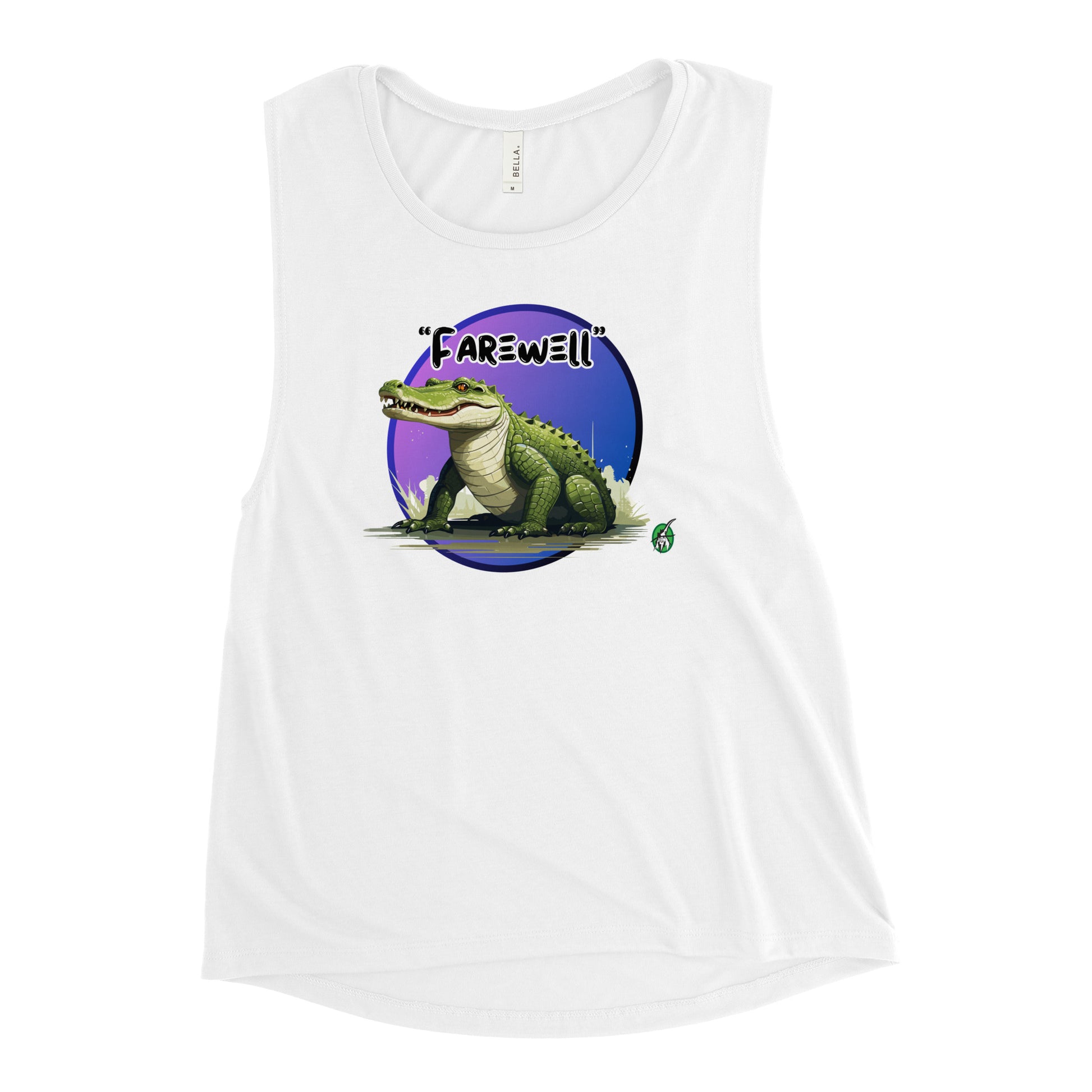 Women's white tank top by Wizard Prints with a printed graphic of a crocodile and the word, Farewell. 